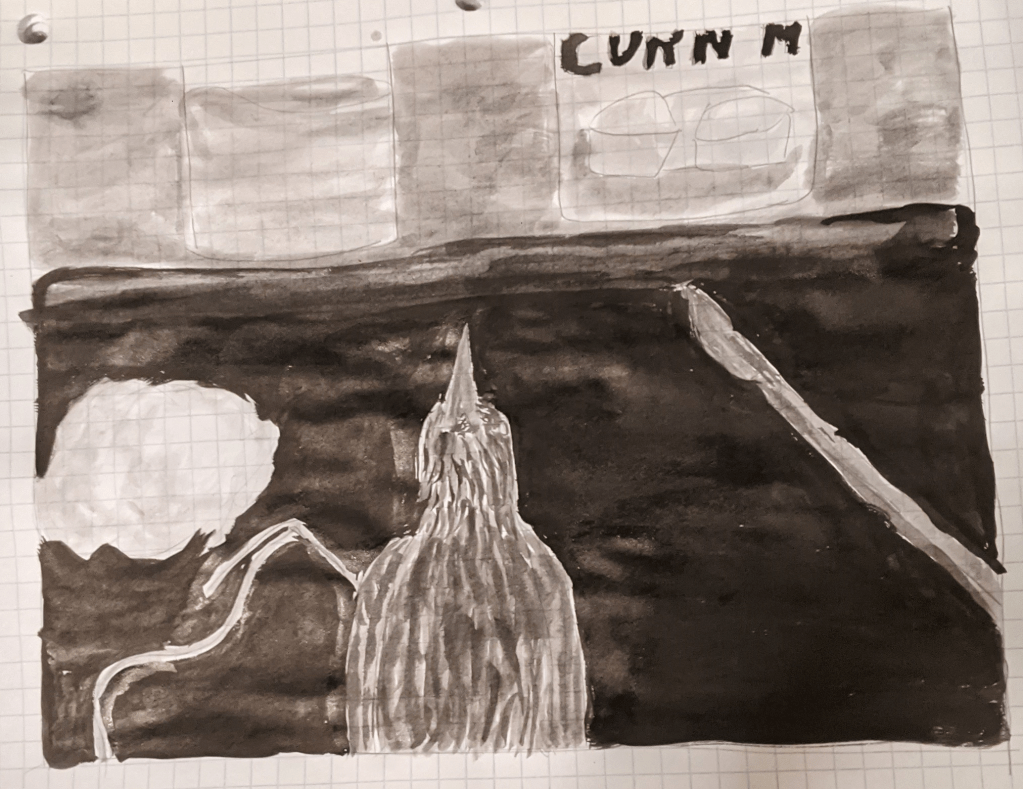 An ink still life of specimen prep. A starling lies on the tray next to a scalpel, needle, and cotton. In the background there is a glass of water and a container of cornmeal.